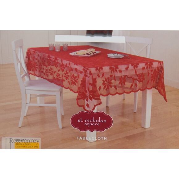 Christmas St Nicholas Square Red Lace w/ Poinsettia 60x84 Oblong Tablecloth New - Picture 1 of 2